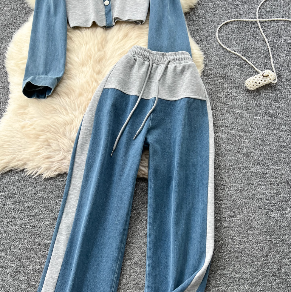 Denim Patchwork Jacket & Trousers 2Pcs