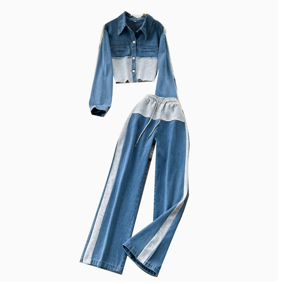 Denim Patchwork Jacket & Trousers 2Pcs