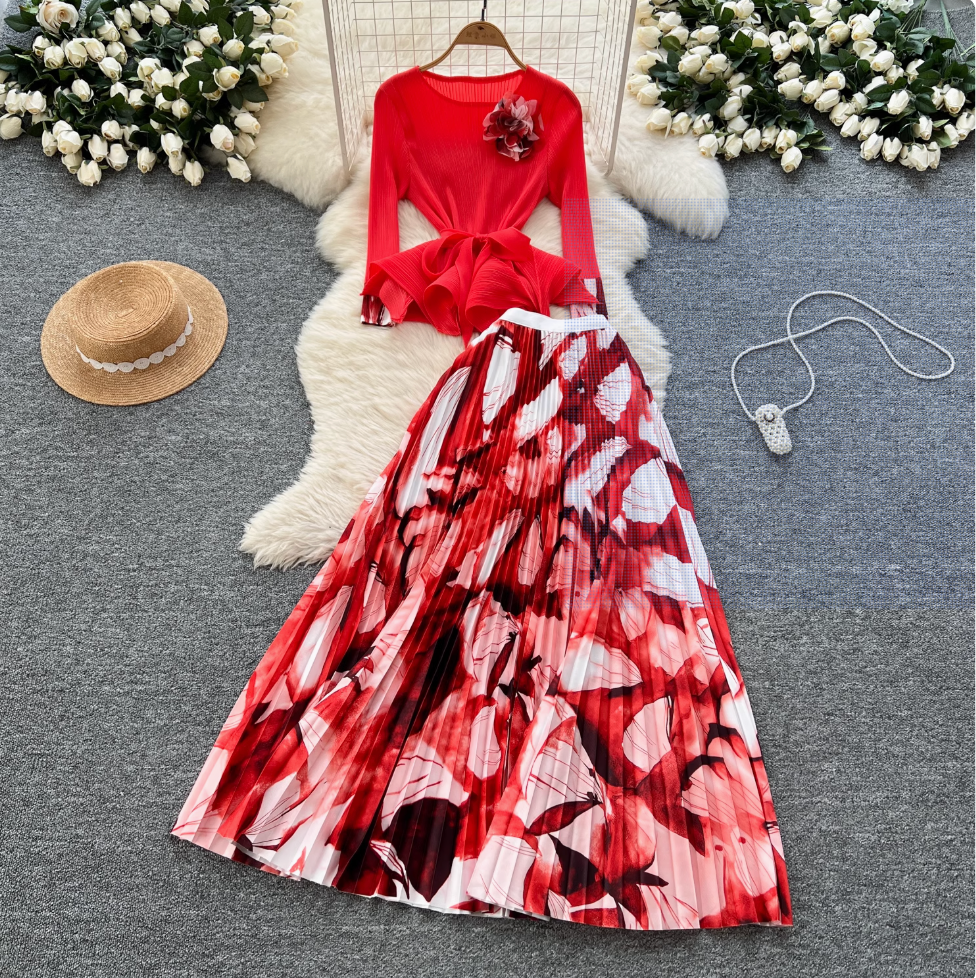 Pleated Knitwear & Floral Skirt 2Pcs