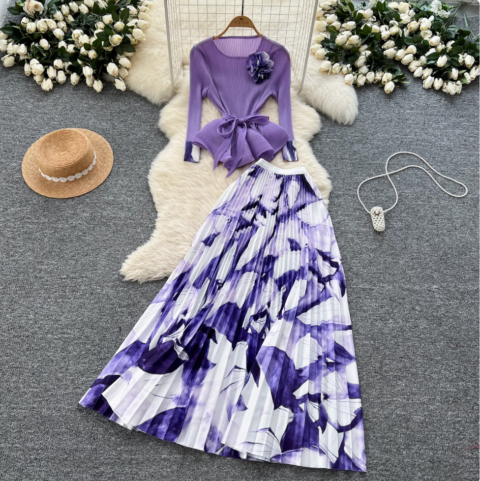 Pleated Knitwear & Floral Skirt 2Pcs