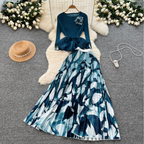 Pleated Knitwear & Floral Skirt 2Pcs
