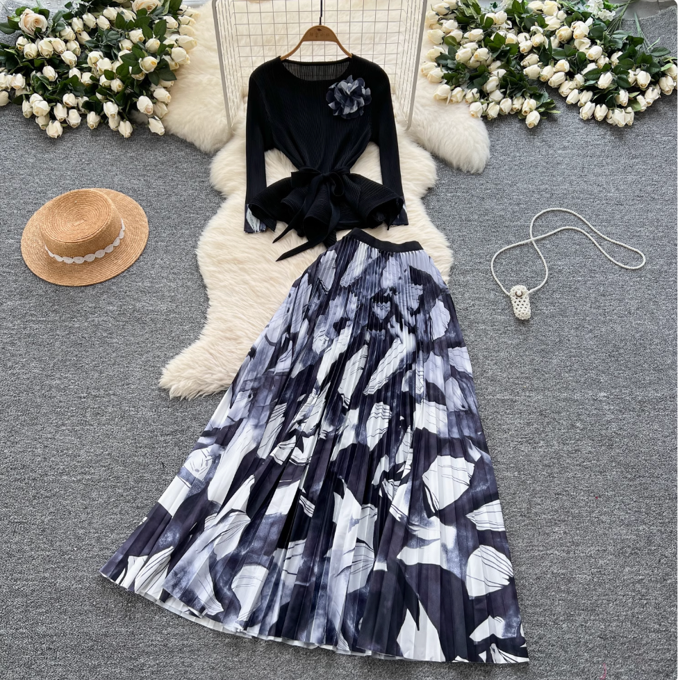 Pleated Knitwear & Floral Skirt 2Pcs
