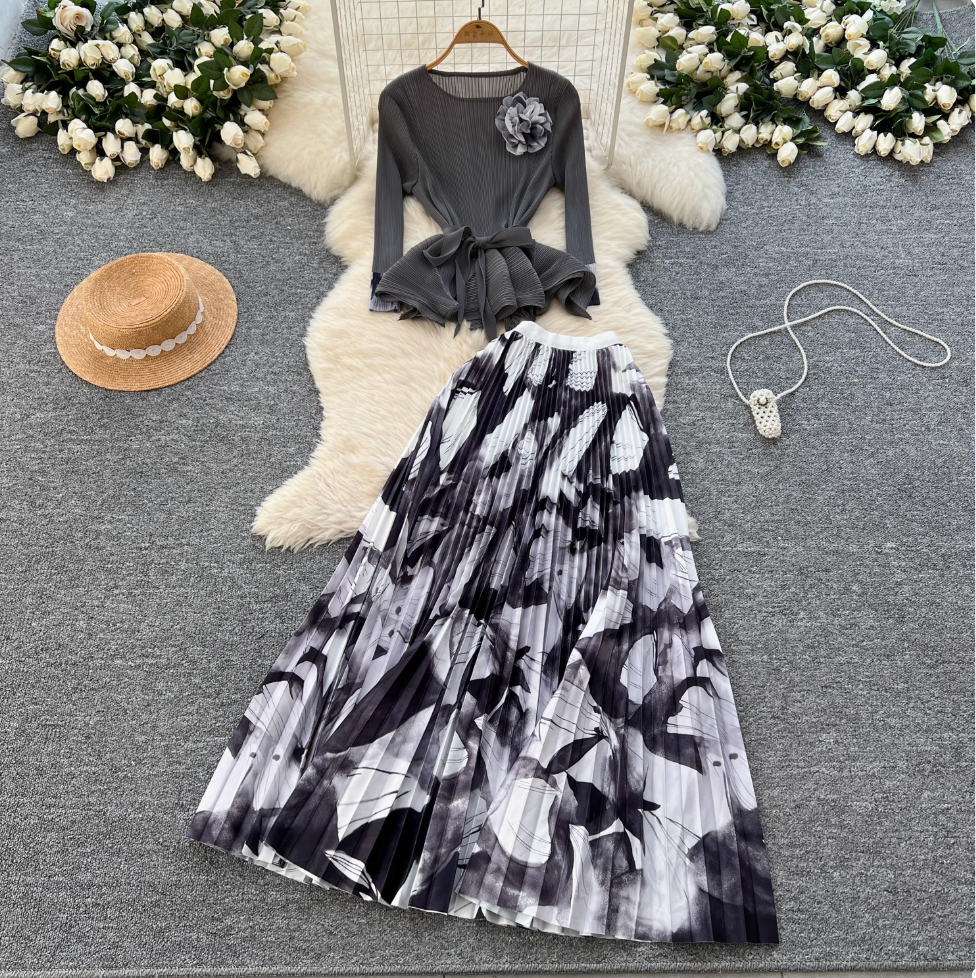 Pleated Knitwear & Floral Skirt 2Pcs