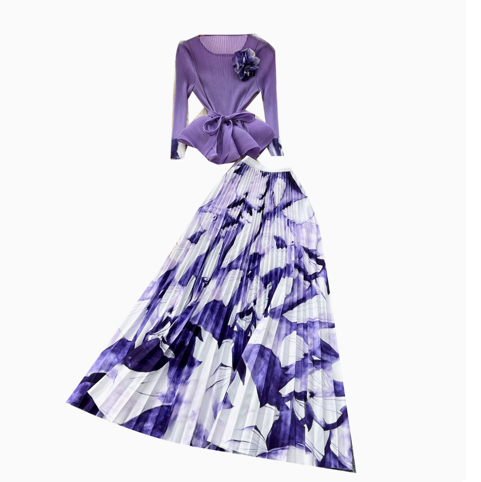 Pleated Knitwear & Floral Skirt 2Pcs