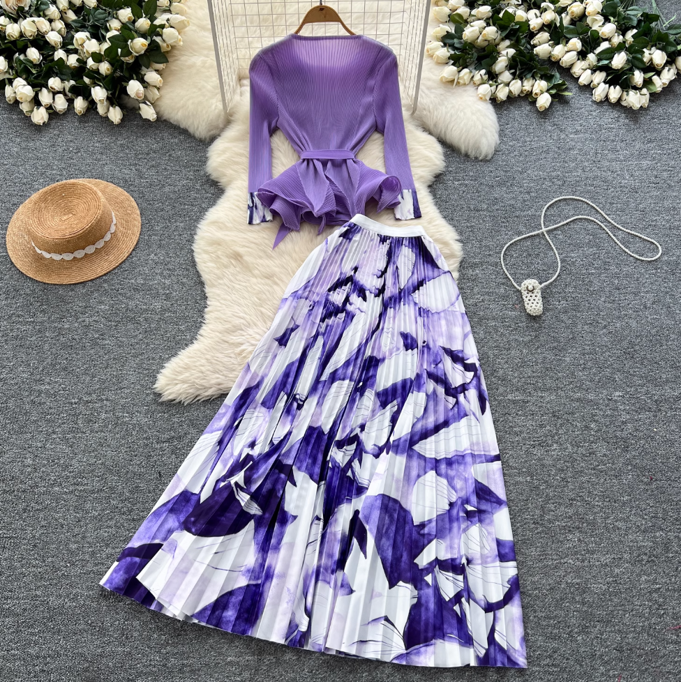Pleated Knitwear & Floral Skirt 2Pcs