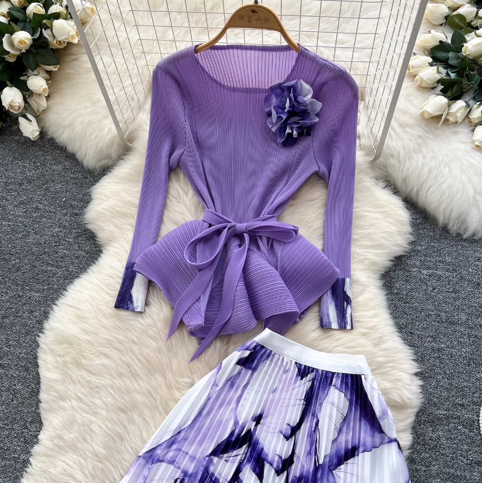 Pleated Knitwear & Floral Skirt 2Pcs
