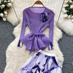 Pleated Knitwear & Floral Skirt 2Pcs