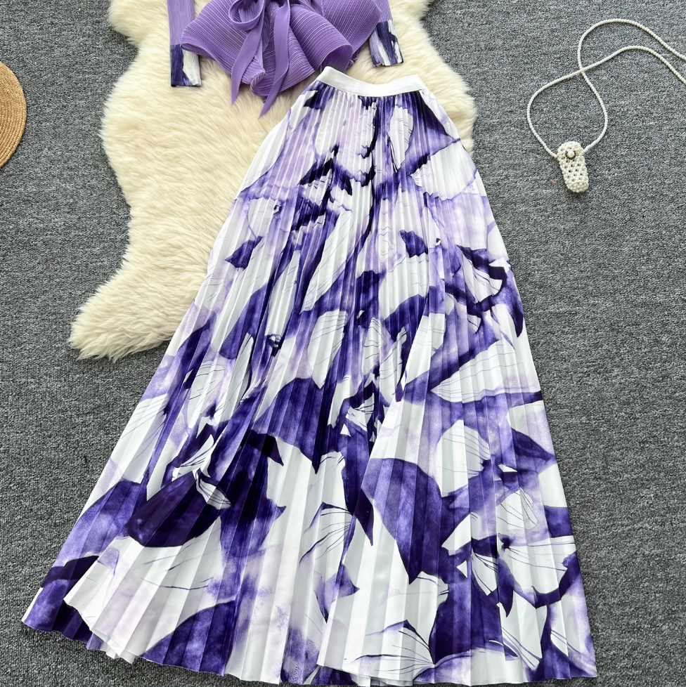 Pleated Knitwear & Floral Skirt 2Pcs