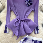 Pleated Knitwear & Floral Skirt 2Pcs