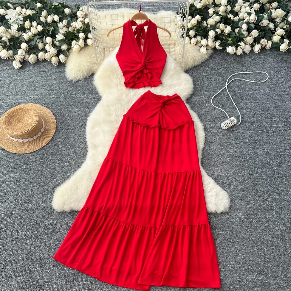 V-neck Halter Top & Knotted Skirt 2Pcs