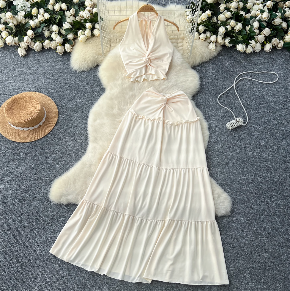 V-neck Halter Top & Knotted Skirt 2Pcs