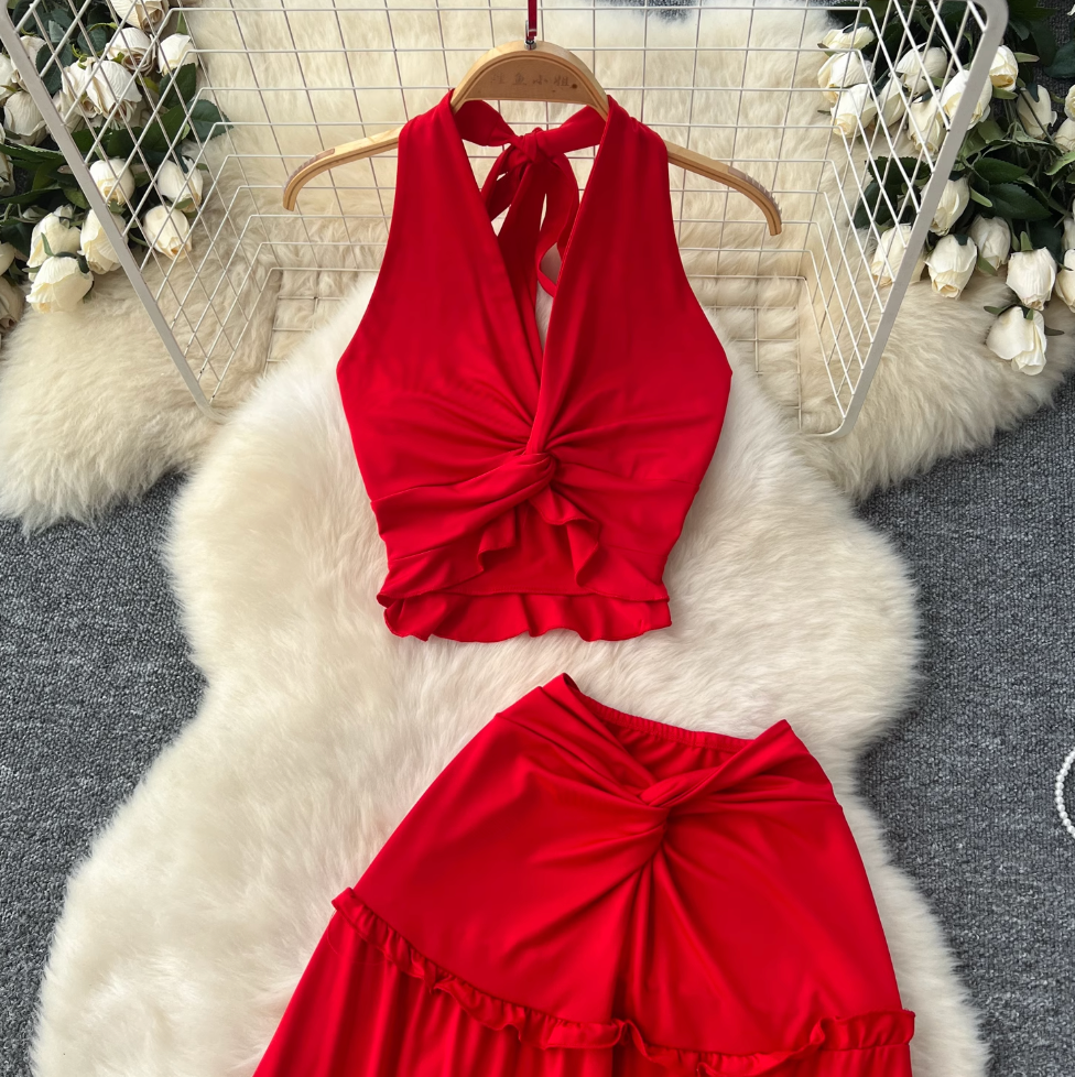 V-neck Halter Top & Knotted Skirt 2Pcs