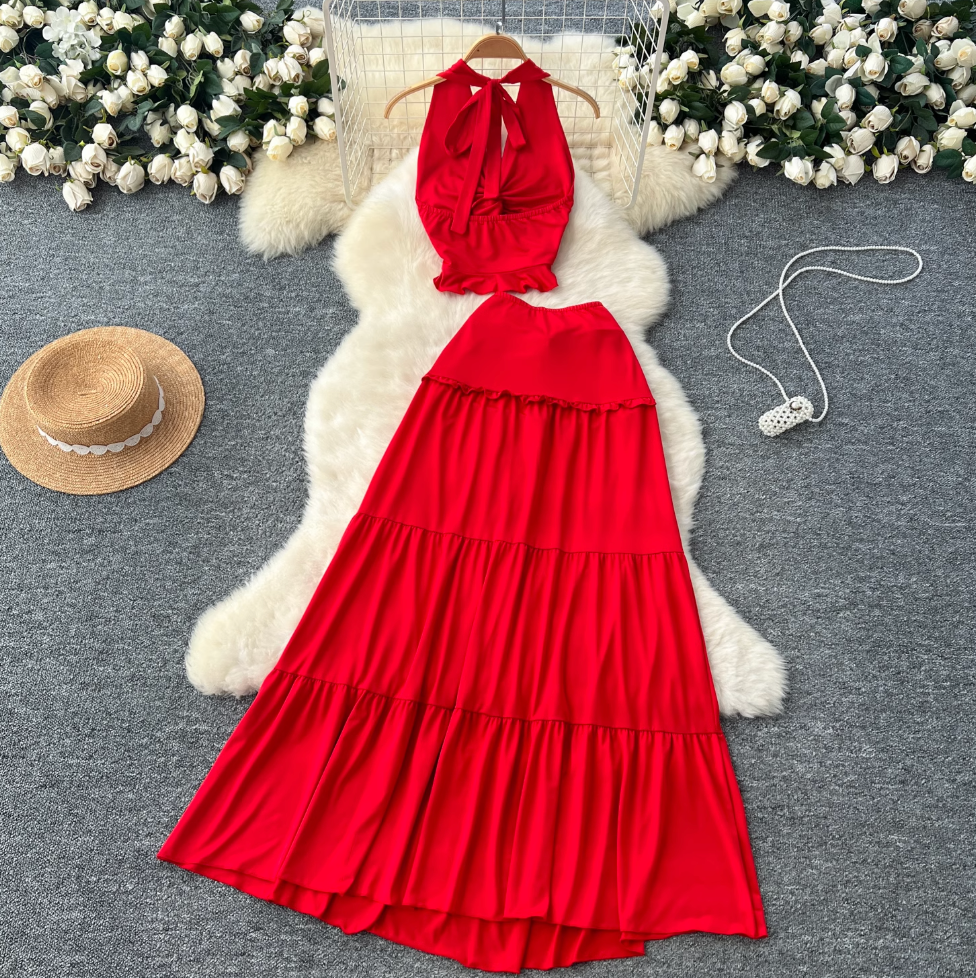 V-neck Halter Top & Knotted Skirt 2Pcs