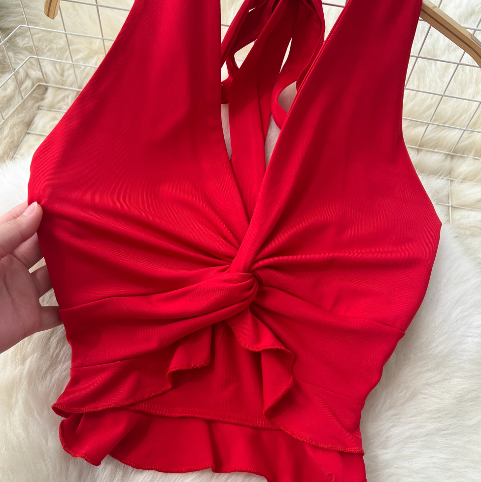 V-neck Halter Top & Knotted Skirt 2Pcs