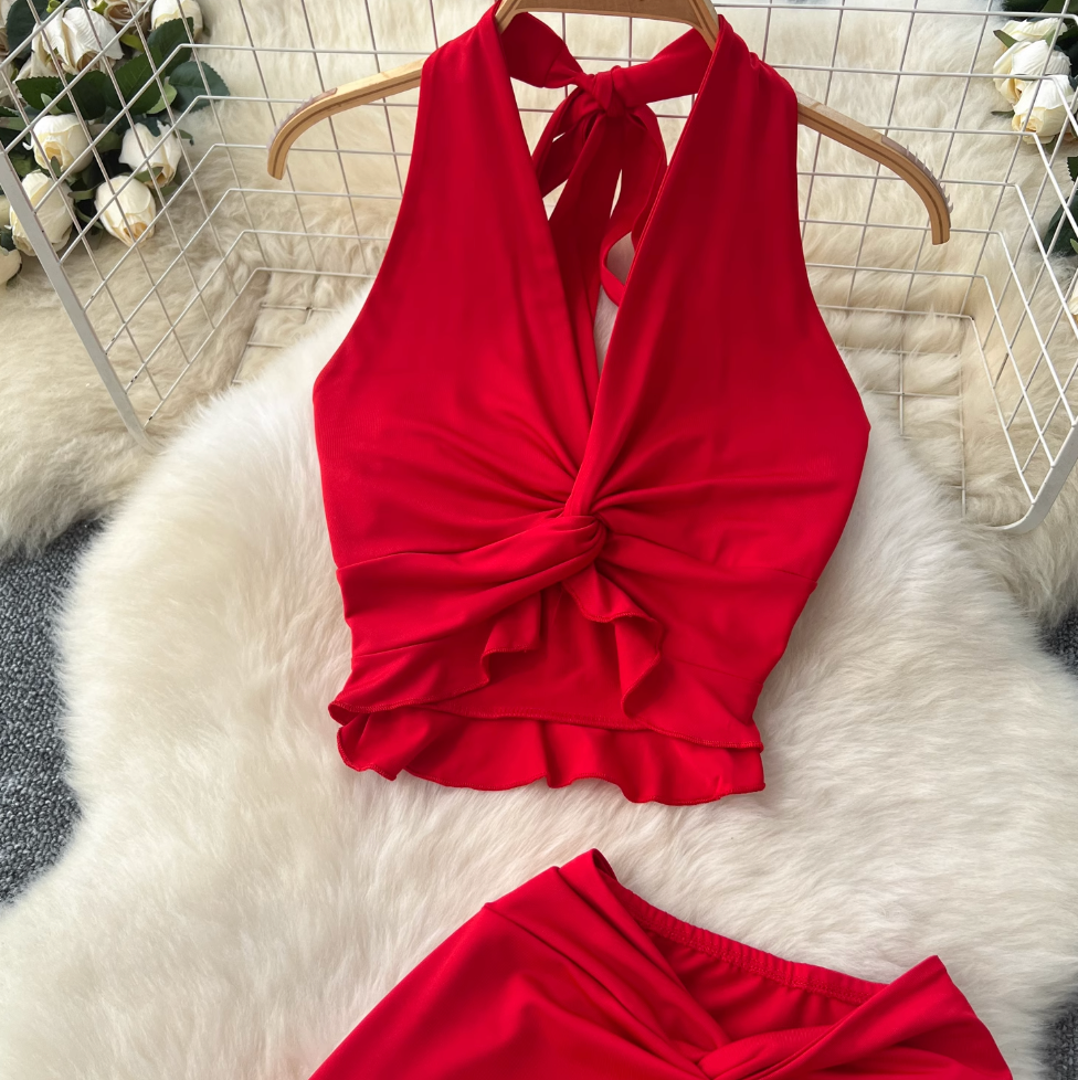 V-neck Halter Top & Knotted Skirt 2Pcs