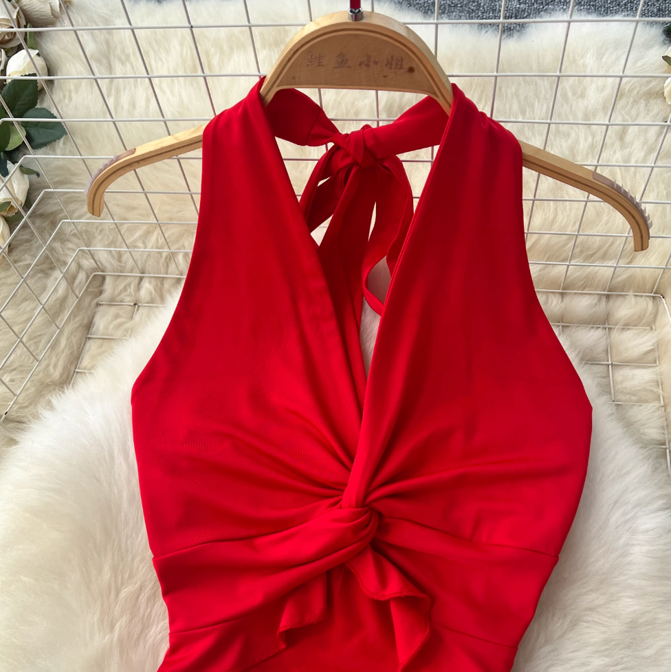 V-neck Halter Top & Knotted Skirt 2Pcs
