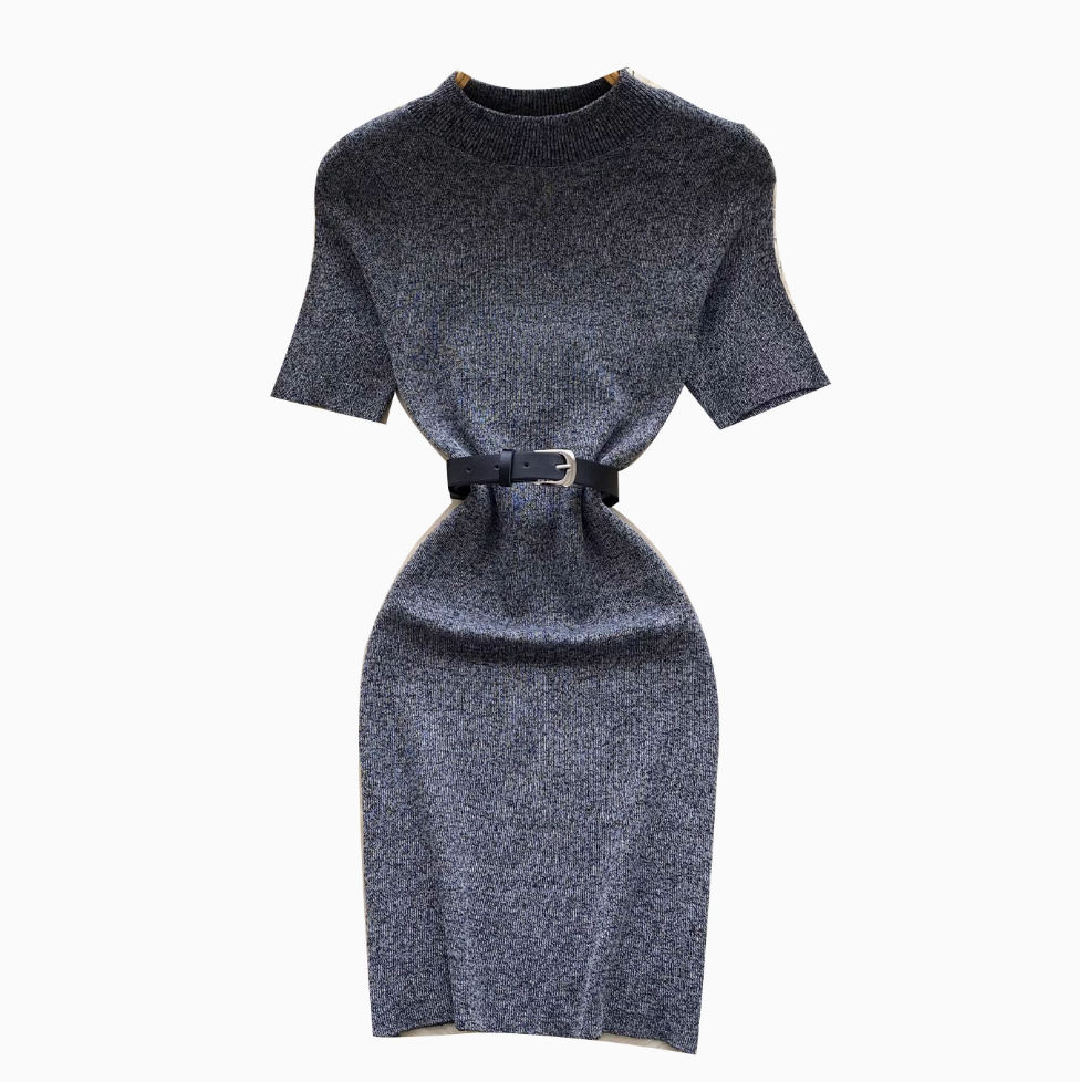 Elegant Gray Knitwear Dress with Belt