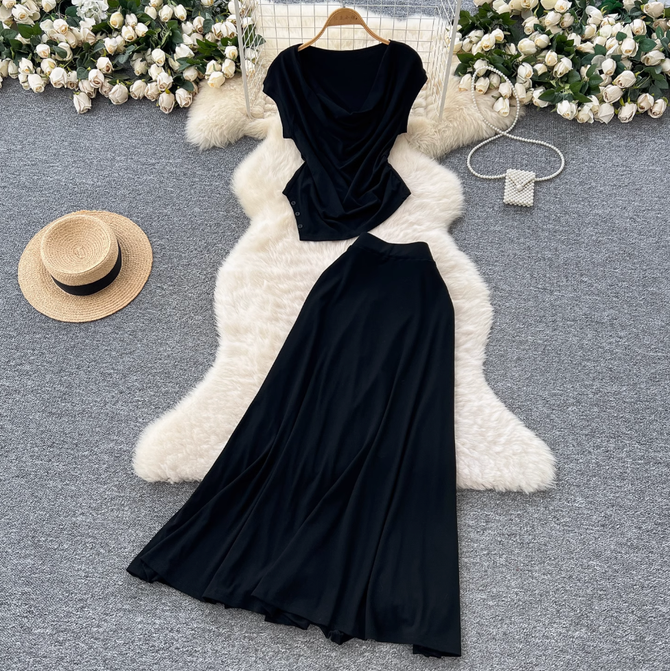 Draped Neckline Top & Skirt 2Pcs