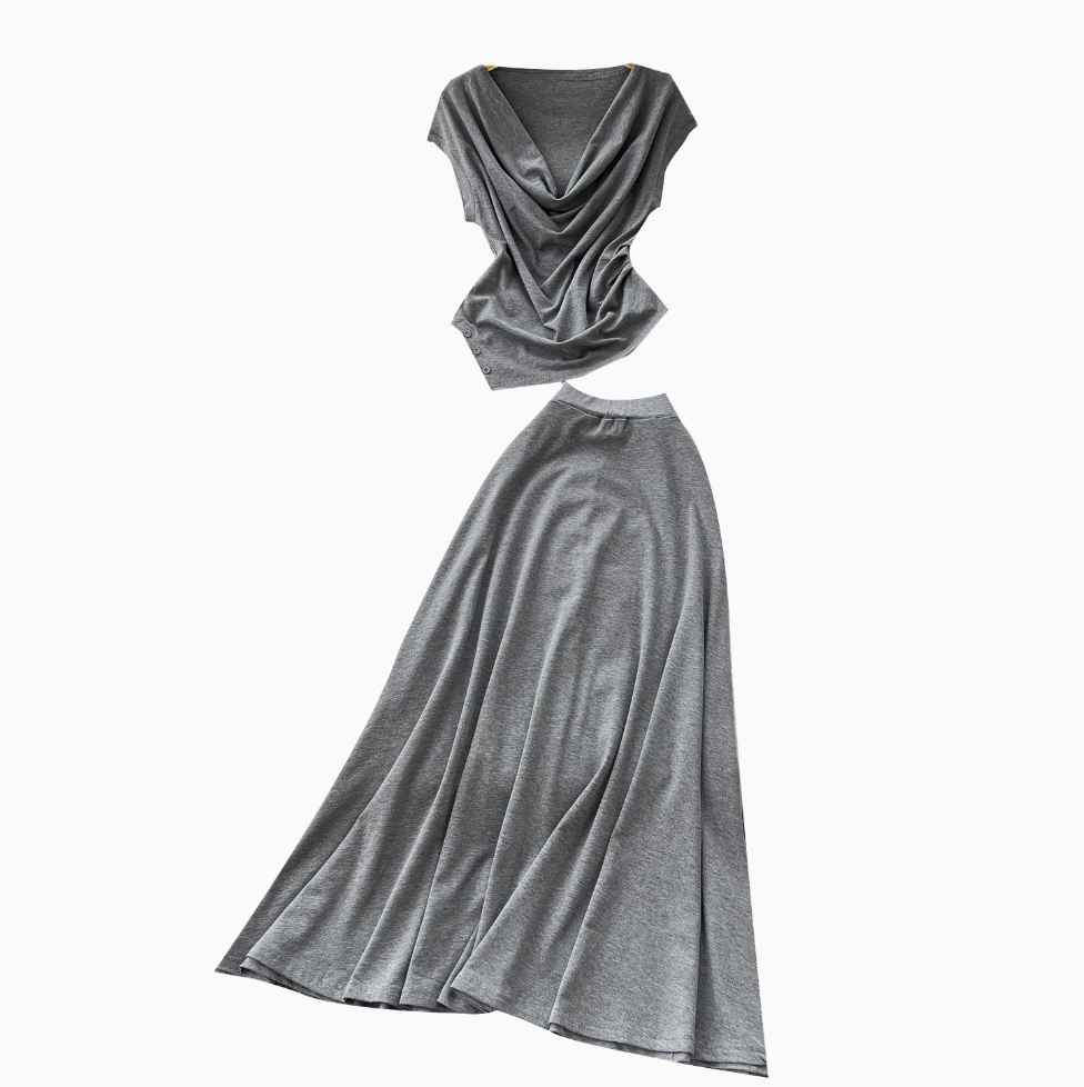 Draped Neckline Top & Skirt 2Pcs