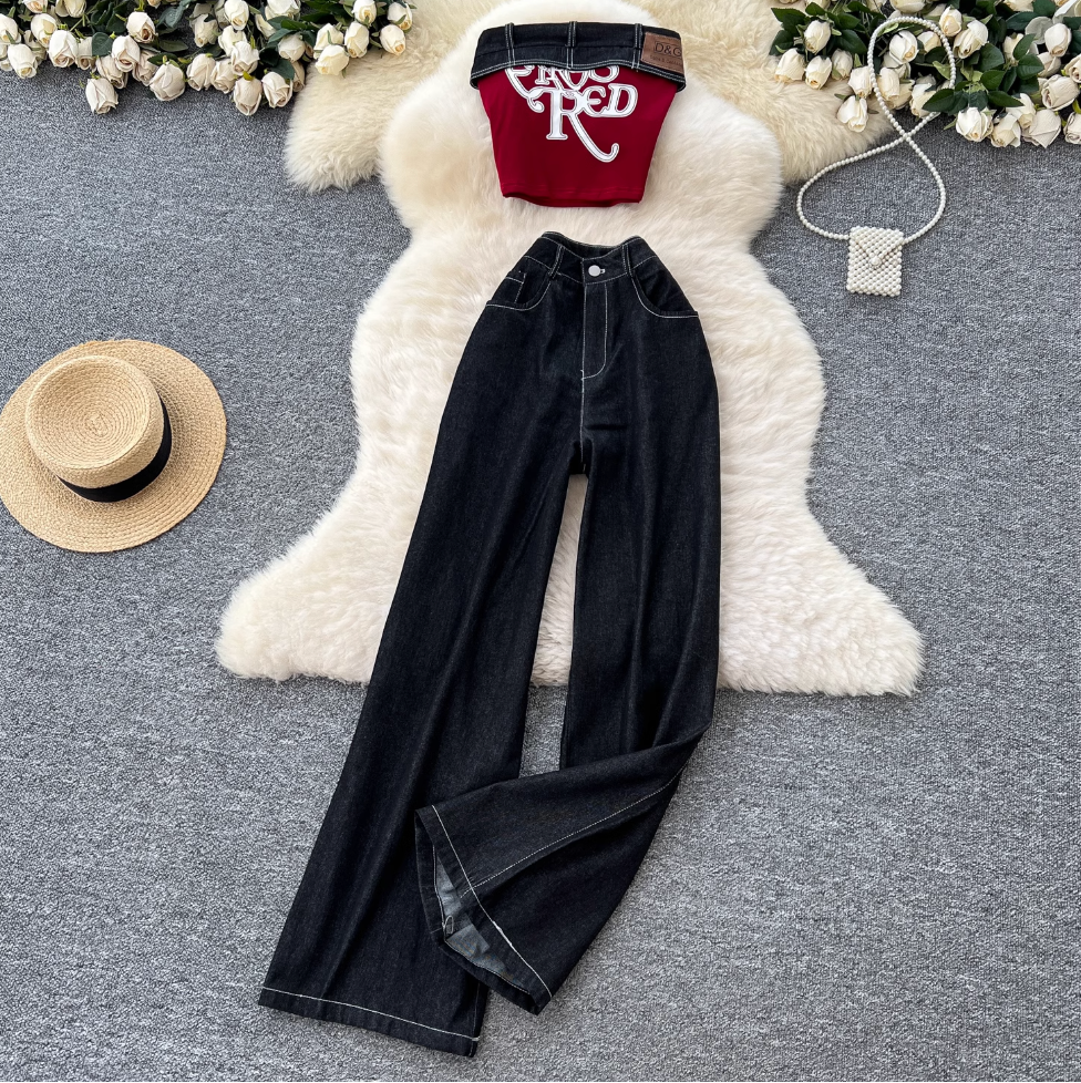 Embroidered Tank Top & Jeans Chic 2Pcs