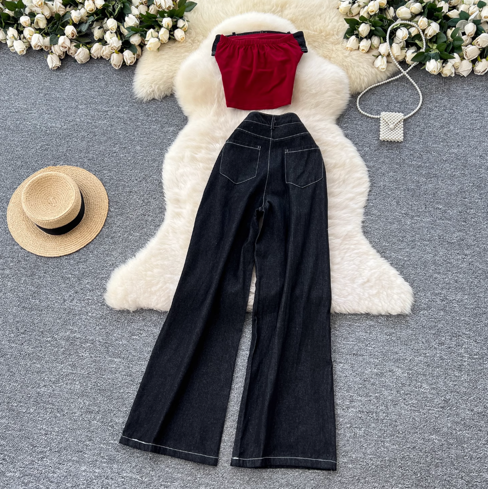 Embroidered Tank Top & Jeans Chic 2Pcs