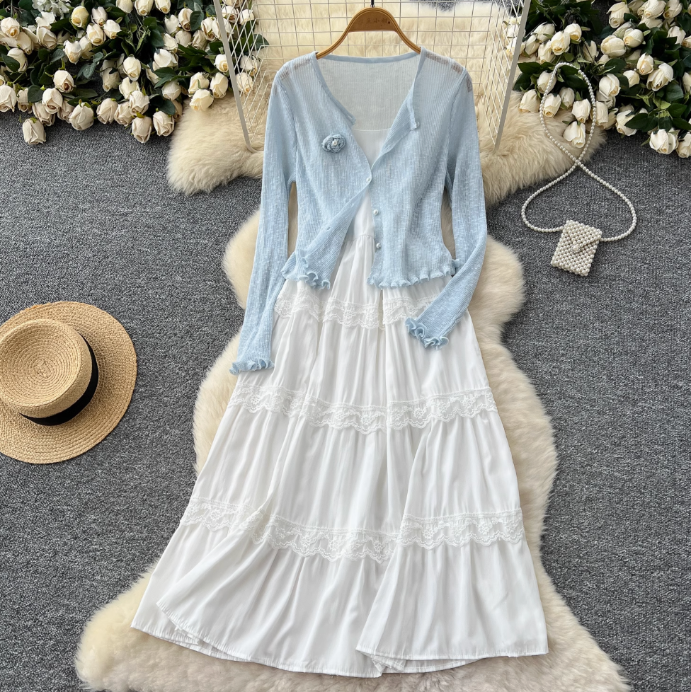 Pink Cardigan & White Slip Dress 2Pcs