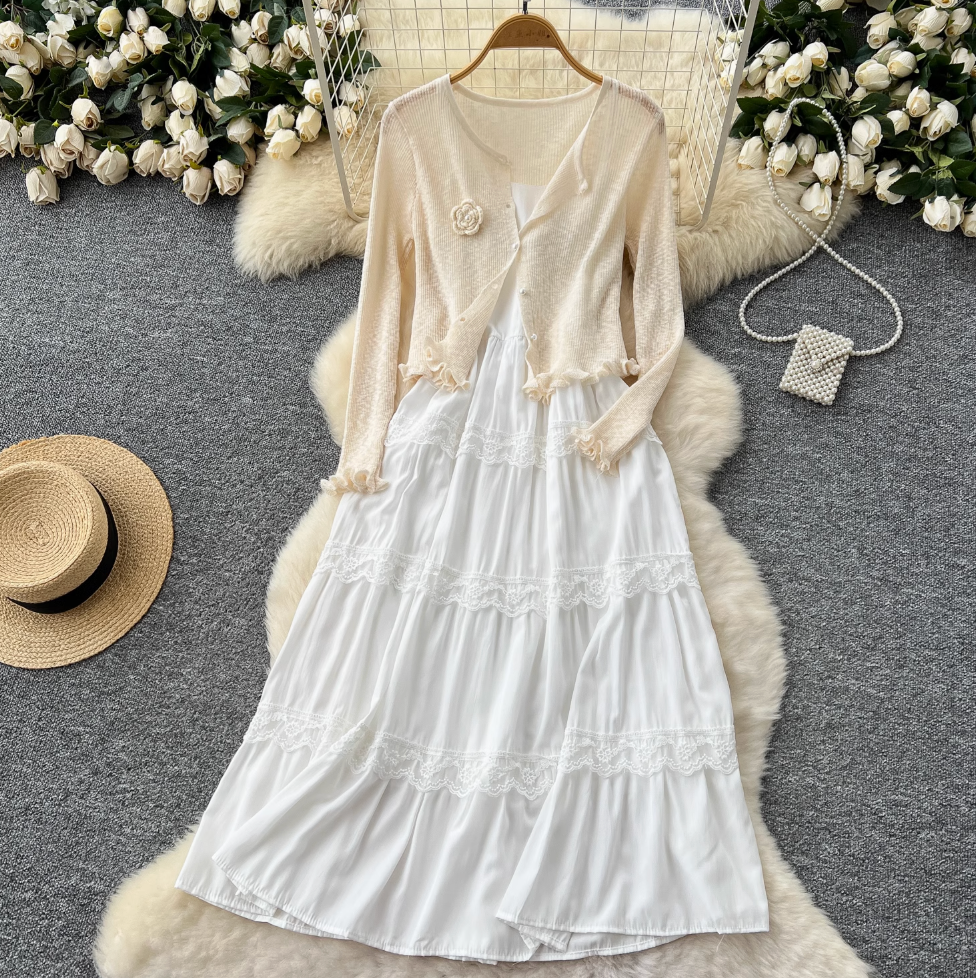 Pink Cardigan & White Slip Dress 2Pcs