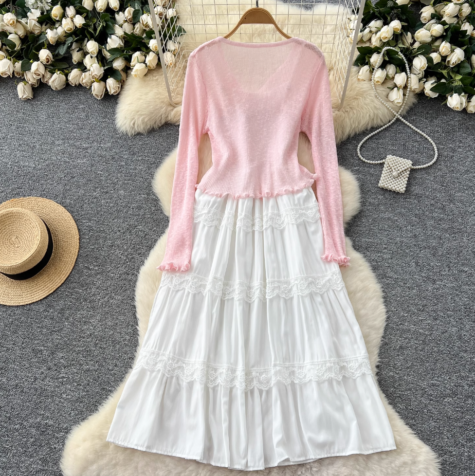 Pink Cardigan & White Slip Dress 2Pcs