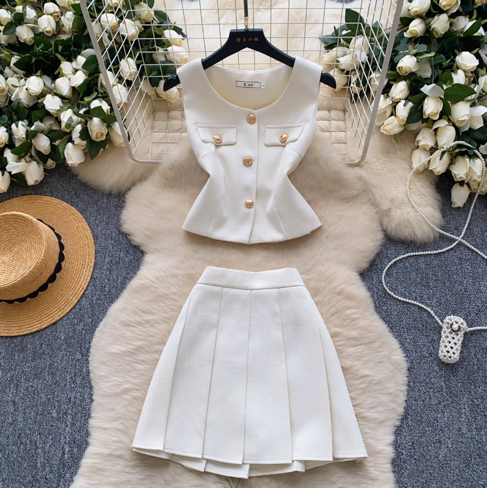 Suit Vest & Pleated Skirt Pink 2Pcs
