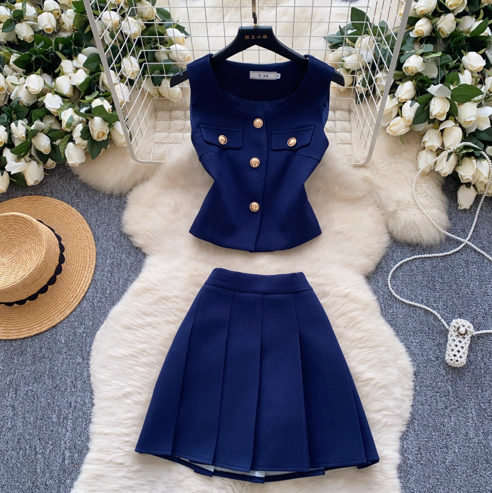 Suit Vest & Pleated Skirt Pink 2Pcs