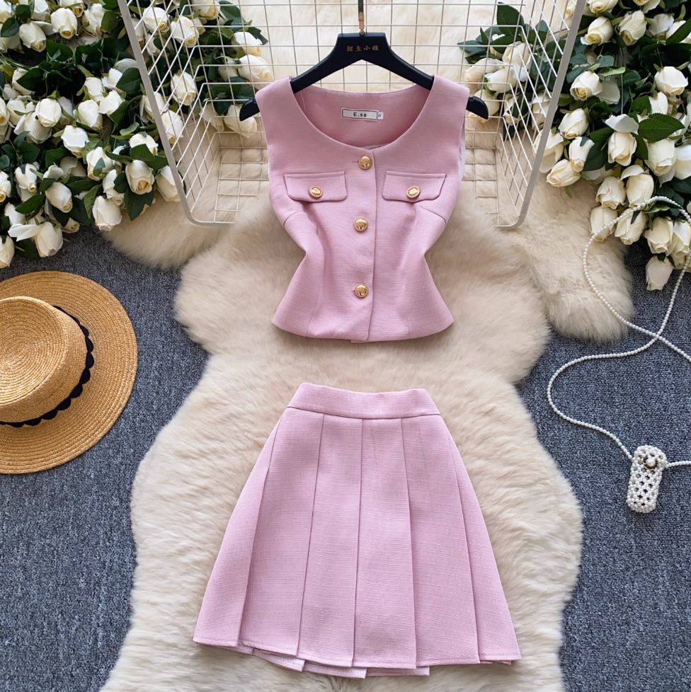 Suit Vest & Pleated Skirt Pink 2Pcs