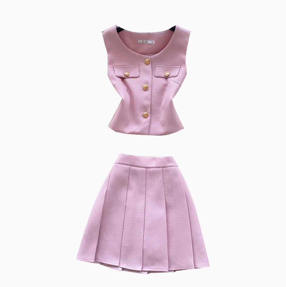 Suit Vest & Pleated Skirt Pink 2Pcs