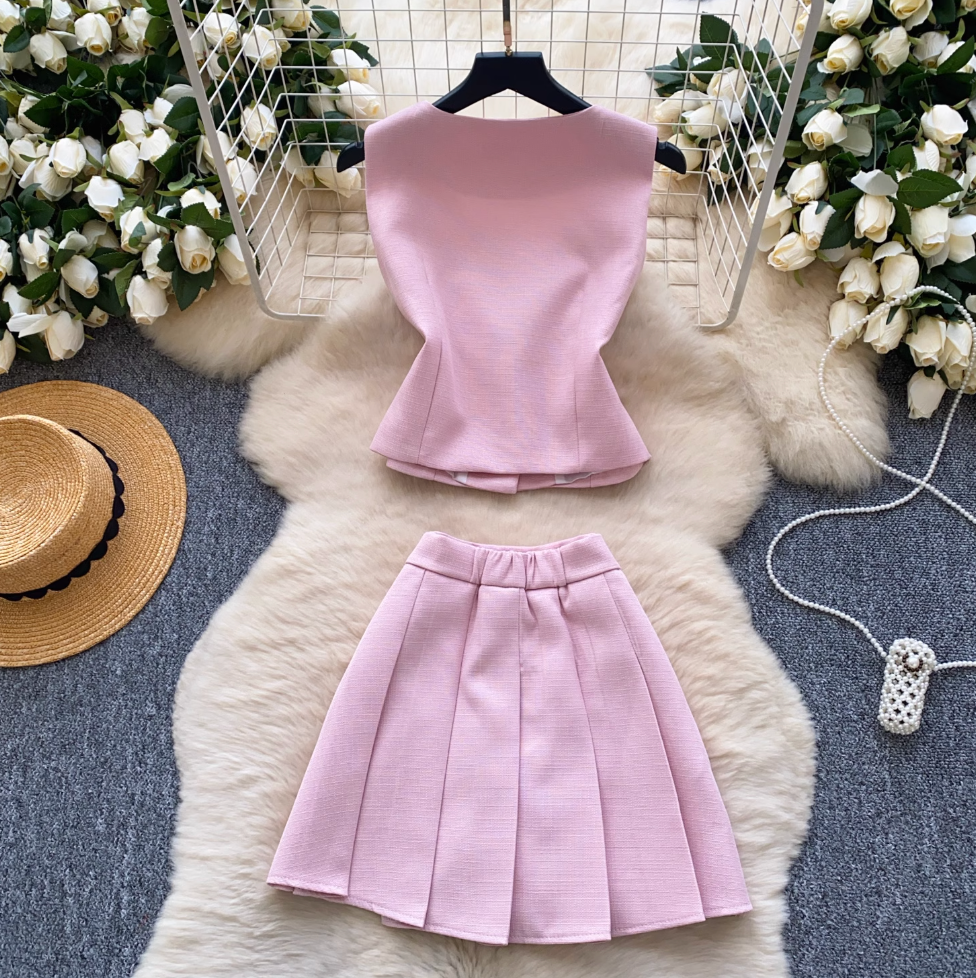 Suit Vest & Pleated Skirt Pink 2Pcs