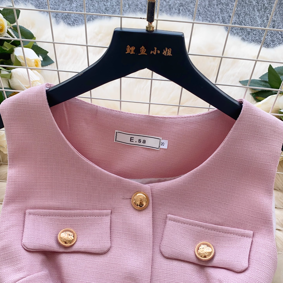 Suit Vest & Pleated Skirt Pink 2Pcs