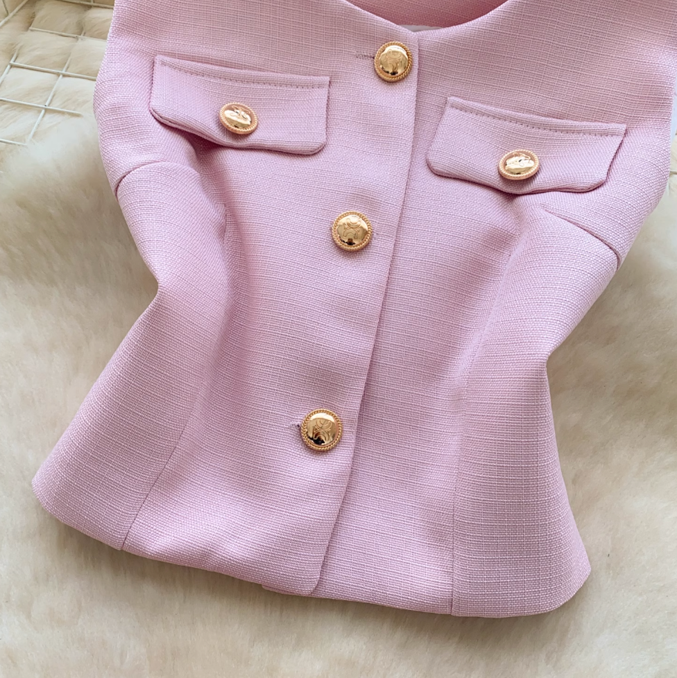 Suit Vest & Pleated Skirt Pink 2Pcs
