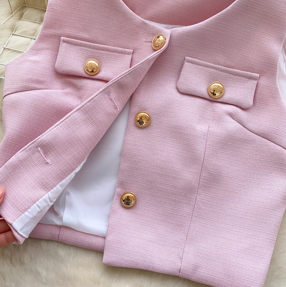 Suit Vest & Pleated Skirt Pink 2Pcs