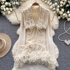 V-neck Outwear & Skirt Fringed 2Pcs