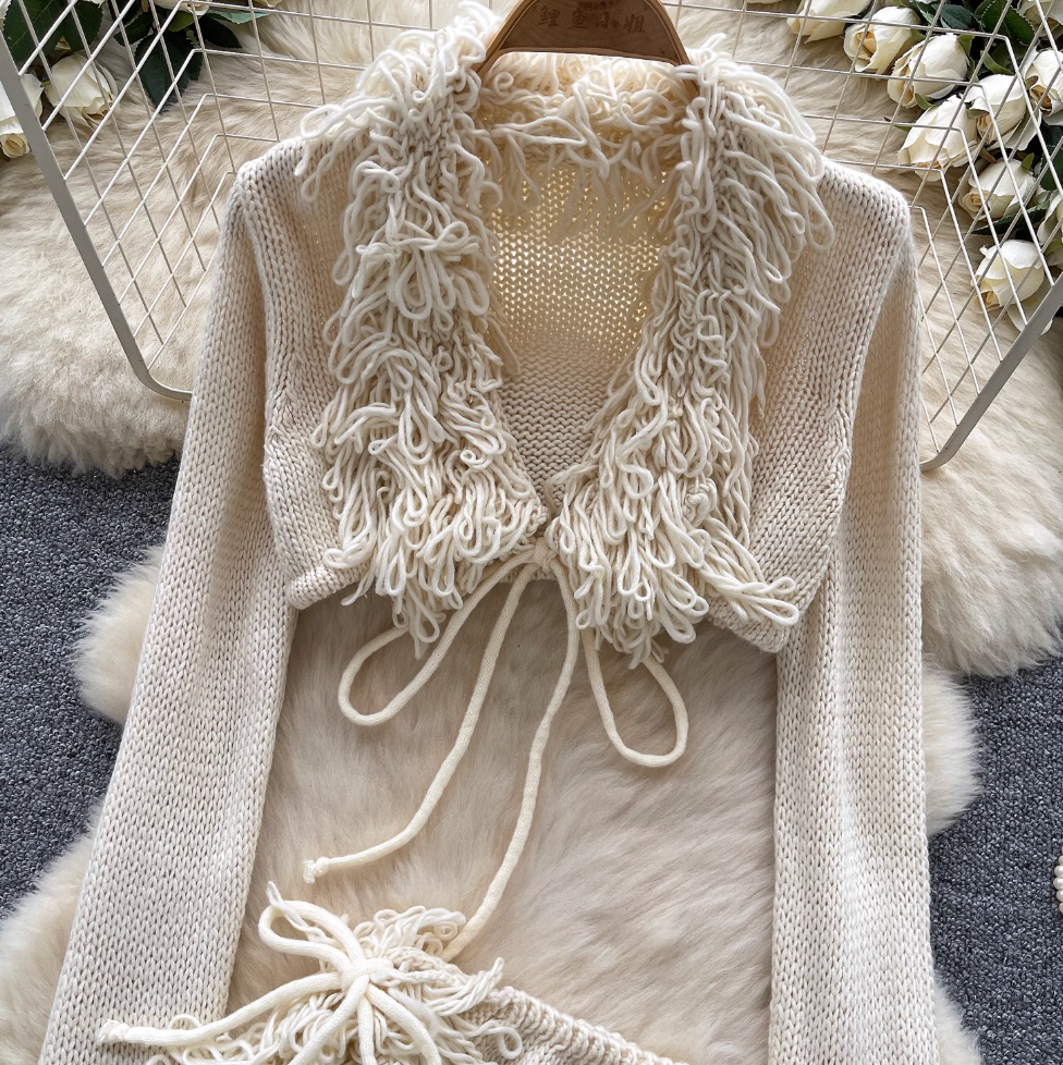 V-neck Outwear & Skirt Fringed 2Pcs