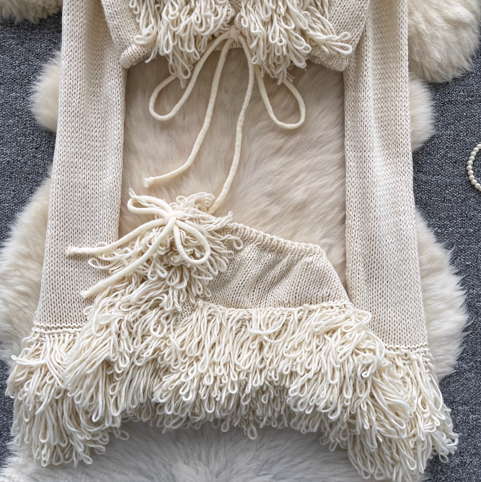 V-neck Outwear & Skirt Fringed 2Pcs