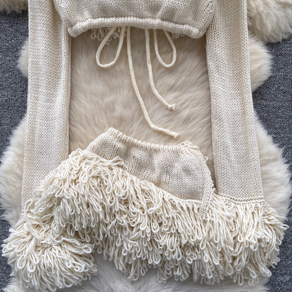 V-neck Outwear & Skirt Fringed 2Pcs