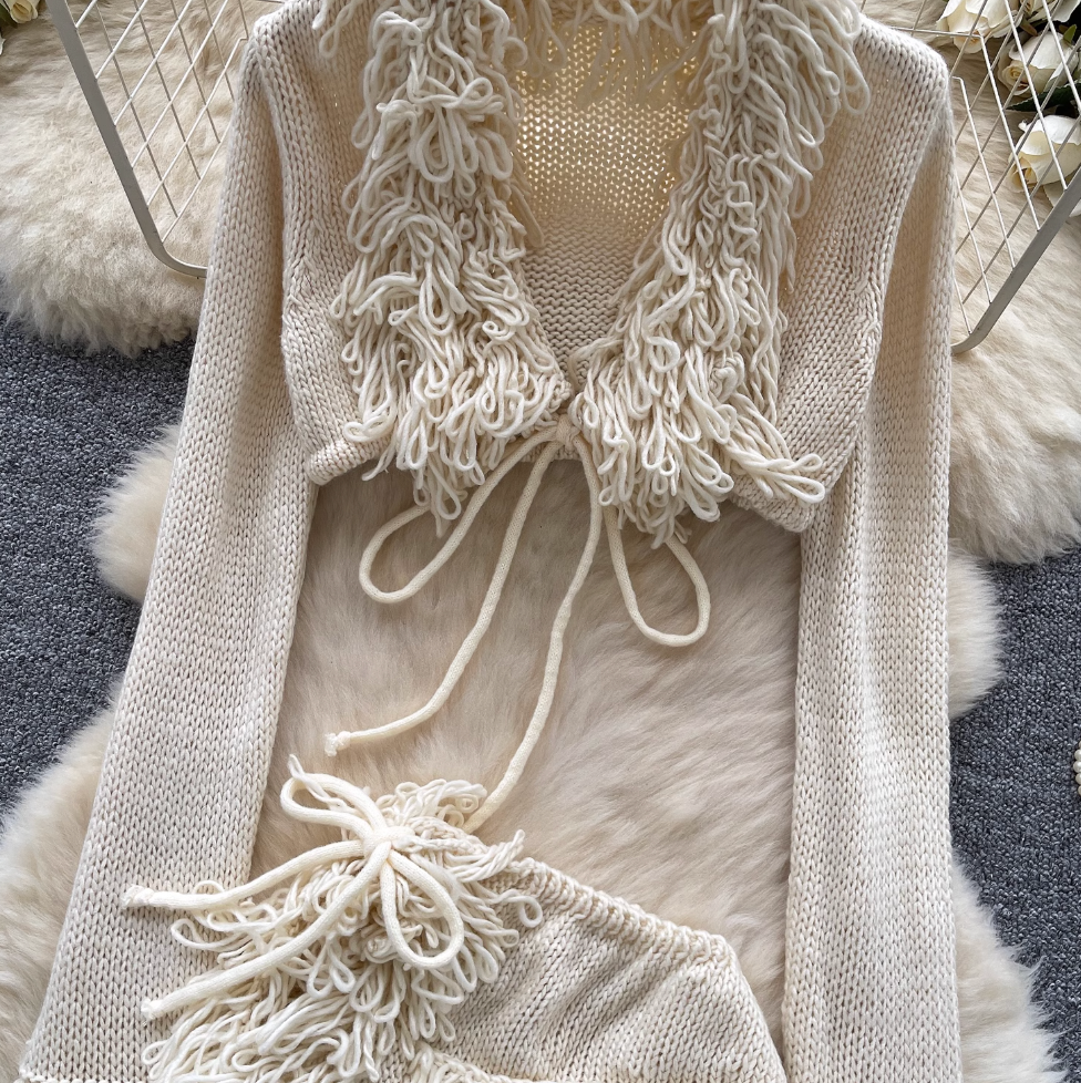 V-neck Outwear & Skirt Fringed 2Pcs