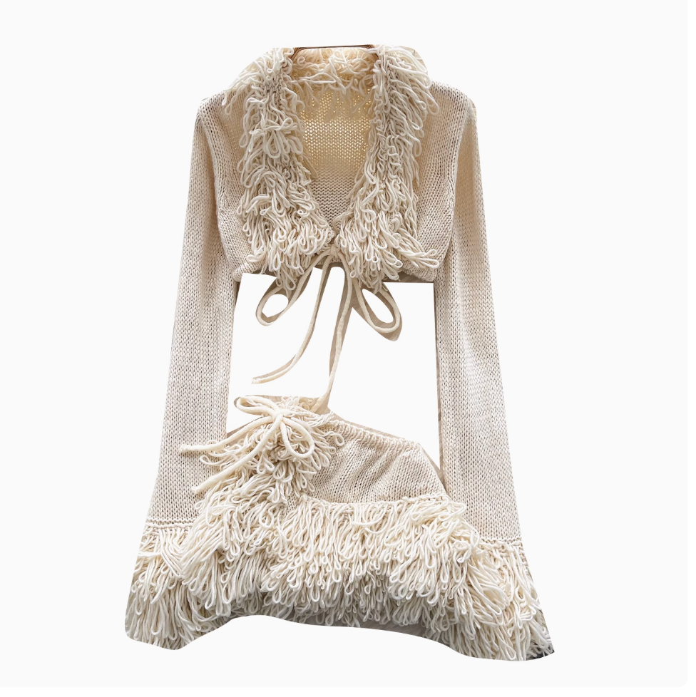 V-neck Outwear & Skirt Fringed 2Pcs