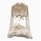 V-neck Outwear & Skirt Fringed 2Pcs