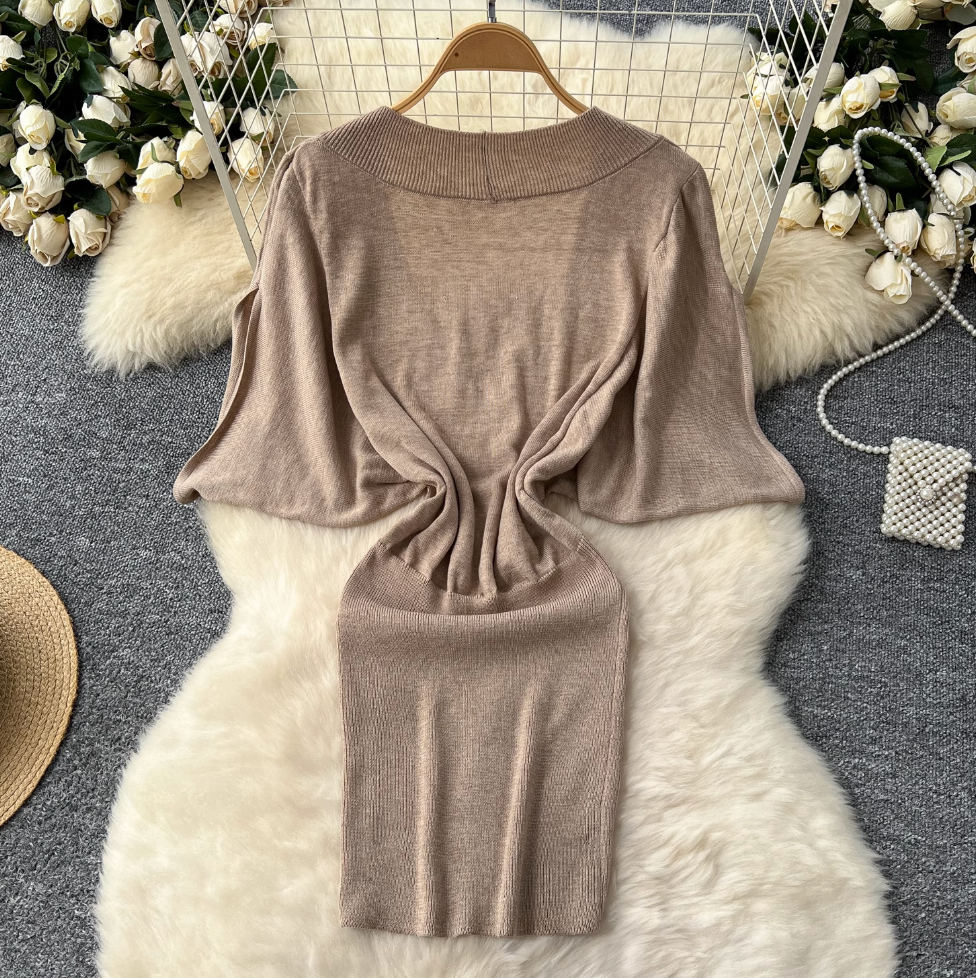 Deep V-neck Outwear Knitted Dress