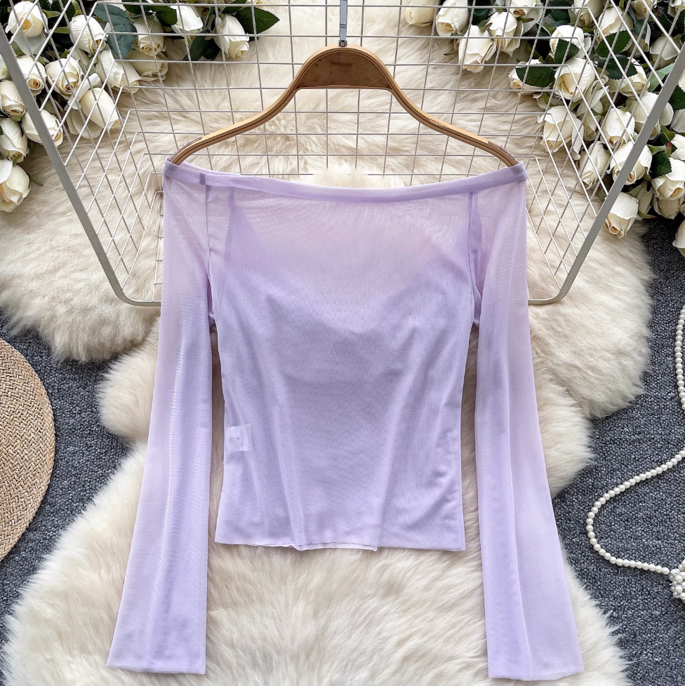 Off-shoulder Draped Mesh Shirt