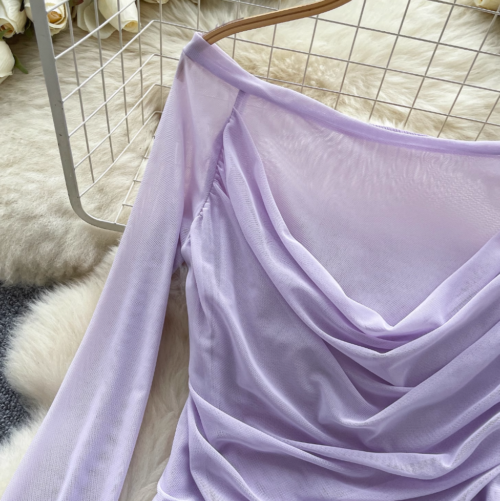 Off-shoulder Draped Mesh Shirt