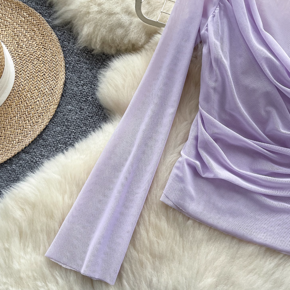 Off-shoulder Draped Mesh Shirt
