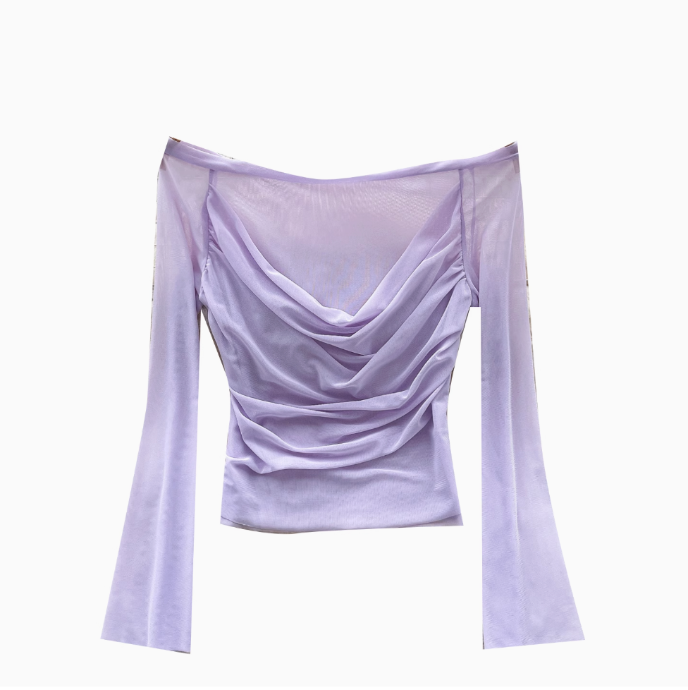 Off-shoulder Draped Mesh Shirt