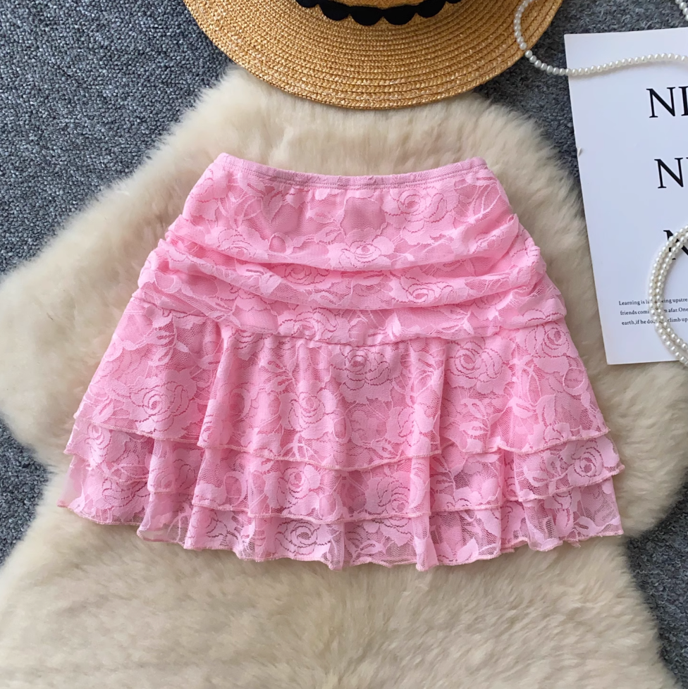 Chic Ruffled Lace Pink Skirt