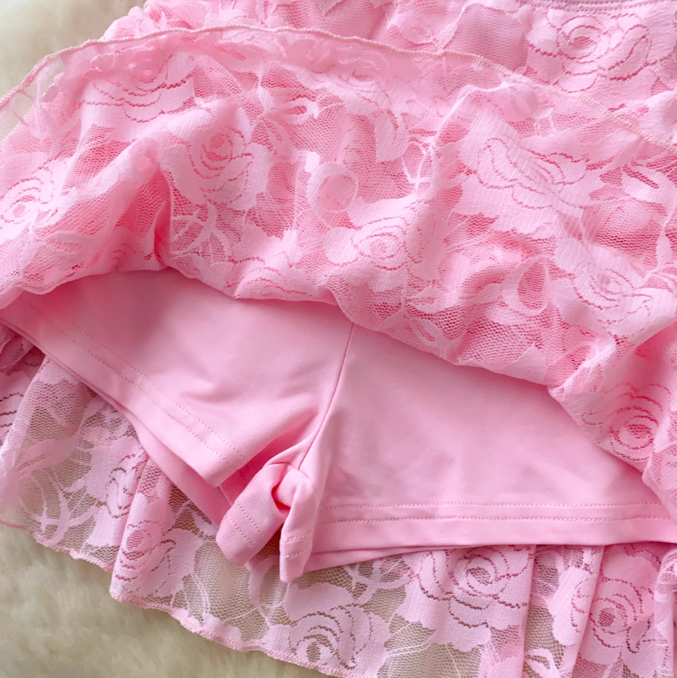 Chic Ruffled Lace Pink Skirt